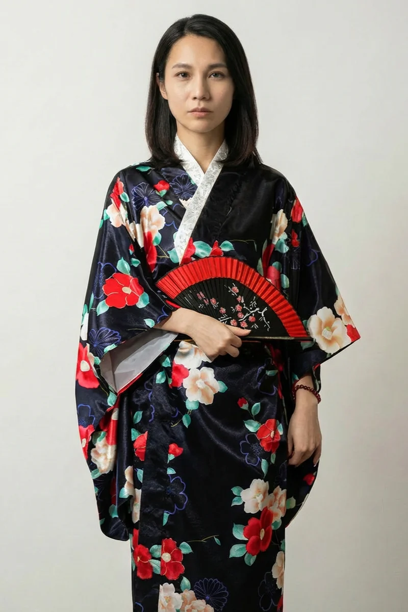 Black Camellia Kimono Robe 'Tsubaki'