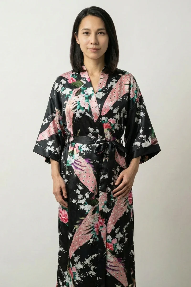 Black Peacock Long Kimono Robe 'Kuroshou'