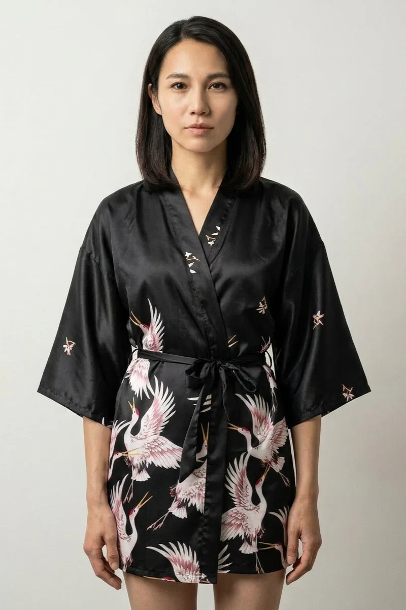Black Crane Short Kimono Robe 'Yoizuru'