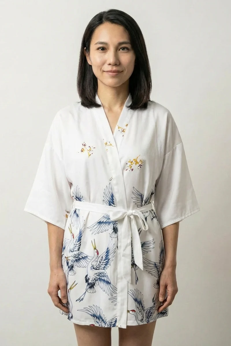 White Crane Short Satin Robe 'Yukizuru'