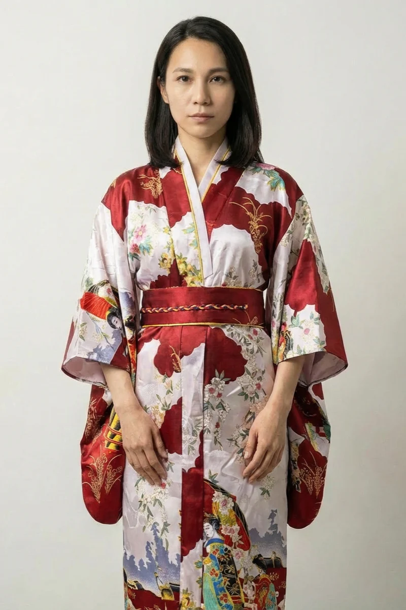 Red Long Japanese Kimono 'Akihana'